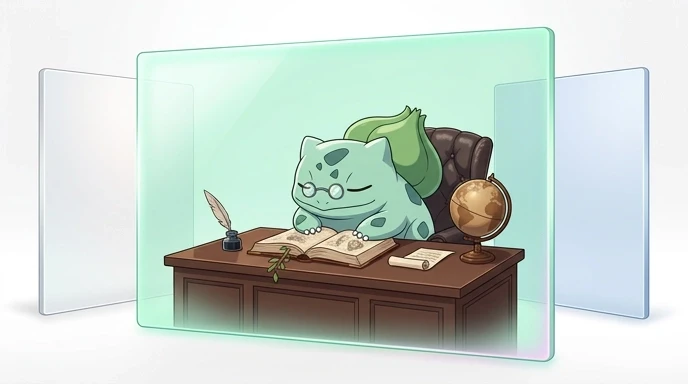 Masterpiece, ultra-detailed flat vector illustration, 2D anime style. A wise and calm Bulbasaur sitting at an academic desk reading an antique medical anatomy book. The attitude…