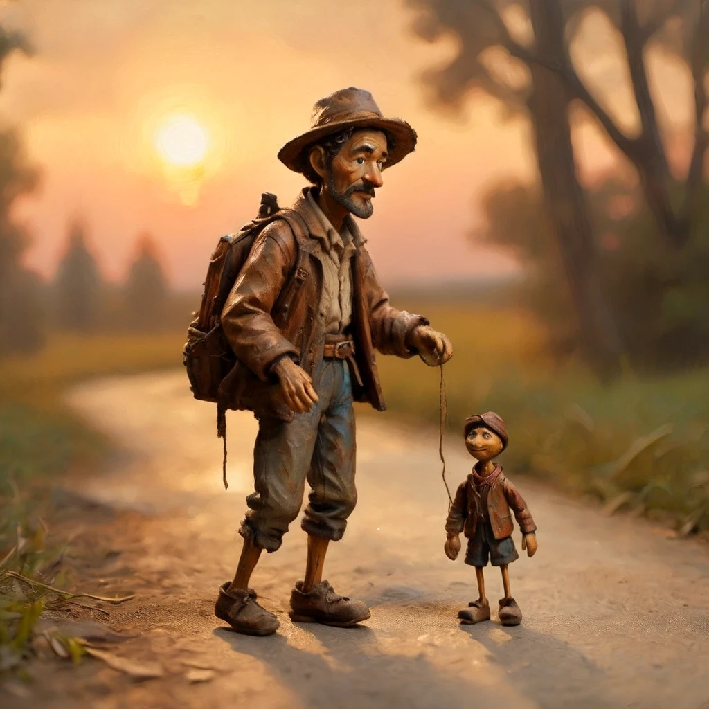 A calm, wandering puppeteer briefly stopped on a country road at sunset. He is wearing practical traveler’s clothing — rough fabric, a leather belt, a small backpack — and he is…
