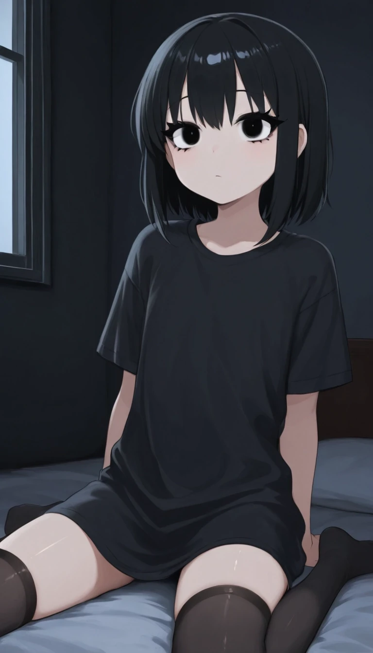 темная комната с окном. милая anime moe девушка. черные волосы средней длины. черные глаза. черные ресницы. черная длинная футболка черные чулки носки. низкорослая с плоской…