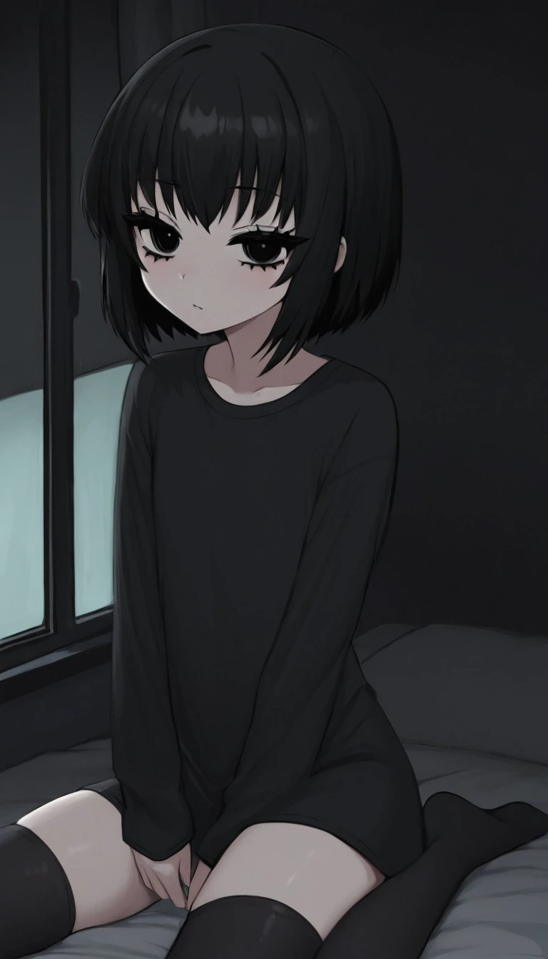 темная комната с окном. милая anime moe девушка. черные волосы средней длины. черные глаза. черные ресницы. черная длинная футболка черные чулки носки. низкорослая с плоской…