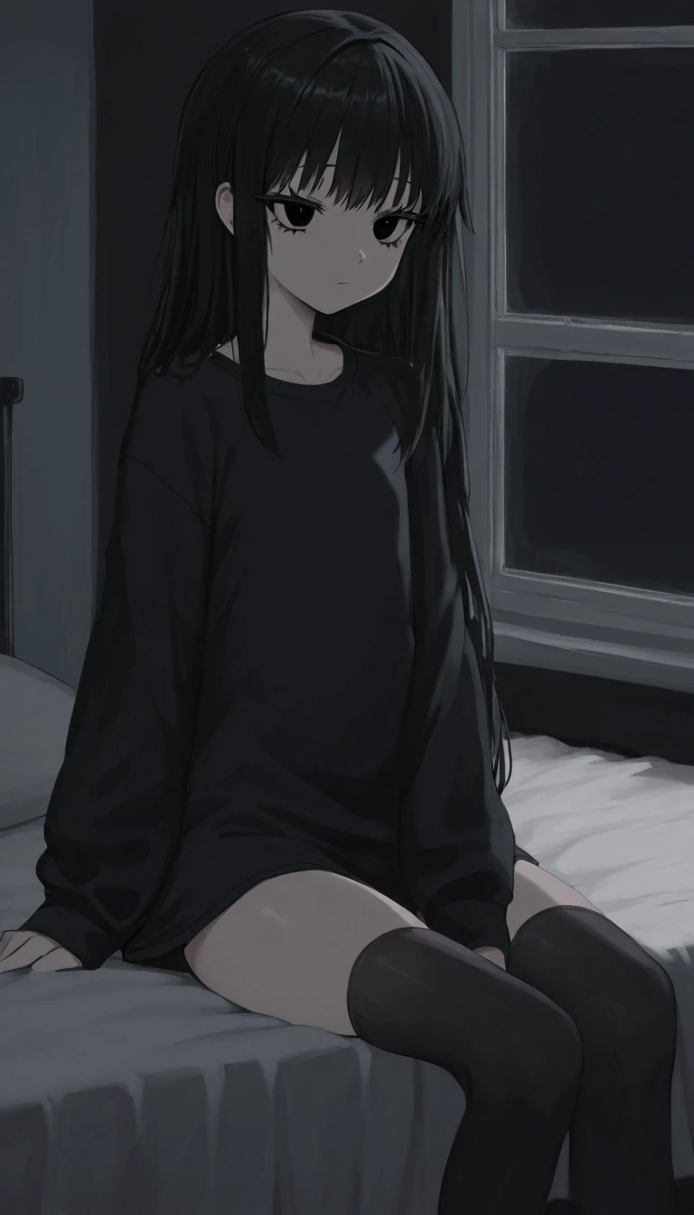 темная комната с окном. милая anime moe девушка. черные волосы средней длины. черные глаза. черные ресницы. черная длинная футболка черные чулки носки. низкорослая с плоской…