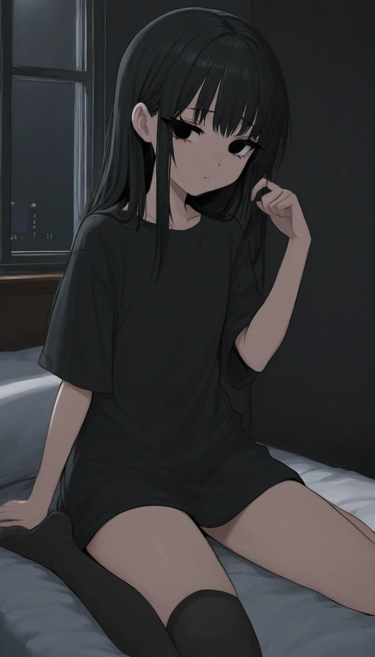 темная комната с окном. милая anime moe девушка. черные волосы средней длины. черные глаза. черные ресницы. черная длинная футболка черные чулки носки. низкорослая с плоской…