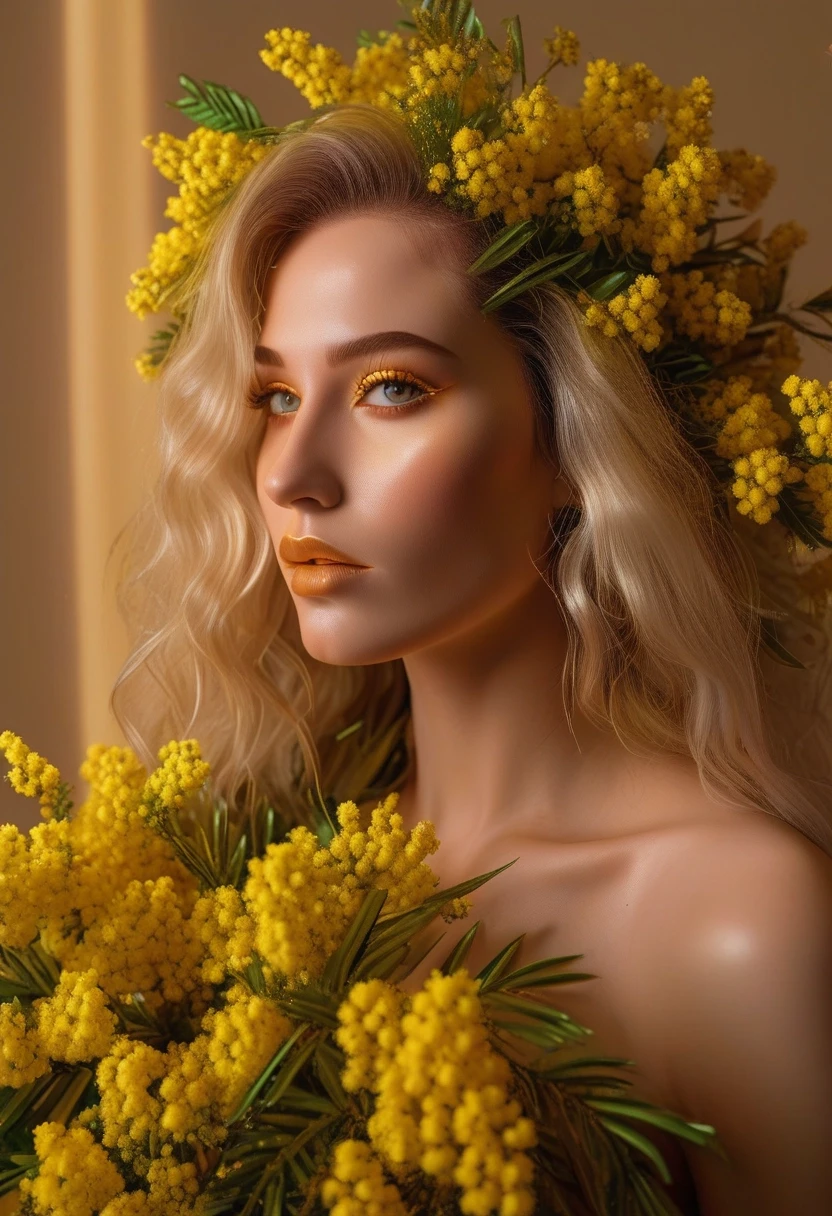 A realistic yellow flexible LED neon tube is physically placed on top of the mimosa flowers. Glowing electric neon line, real glass neon pipe glowing with bright yellow light…