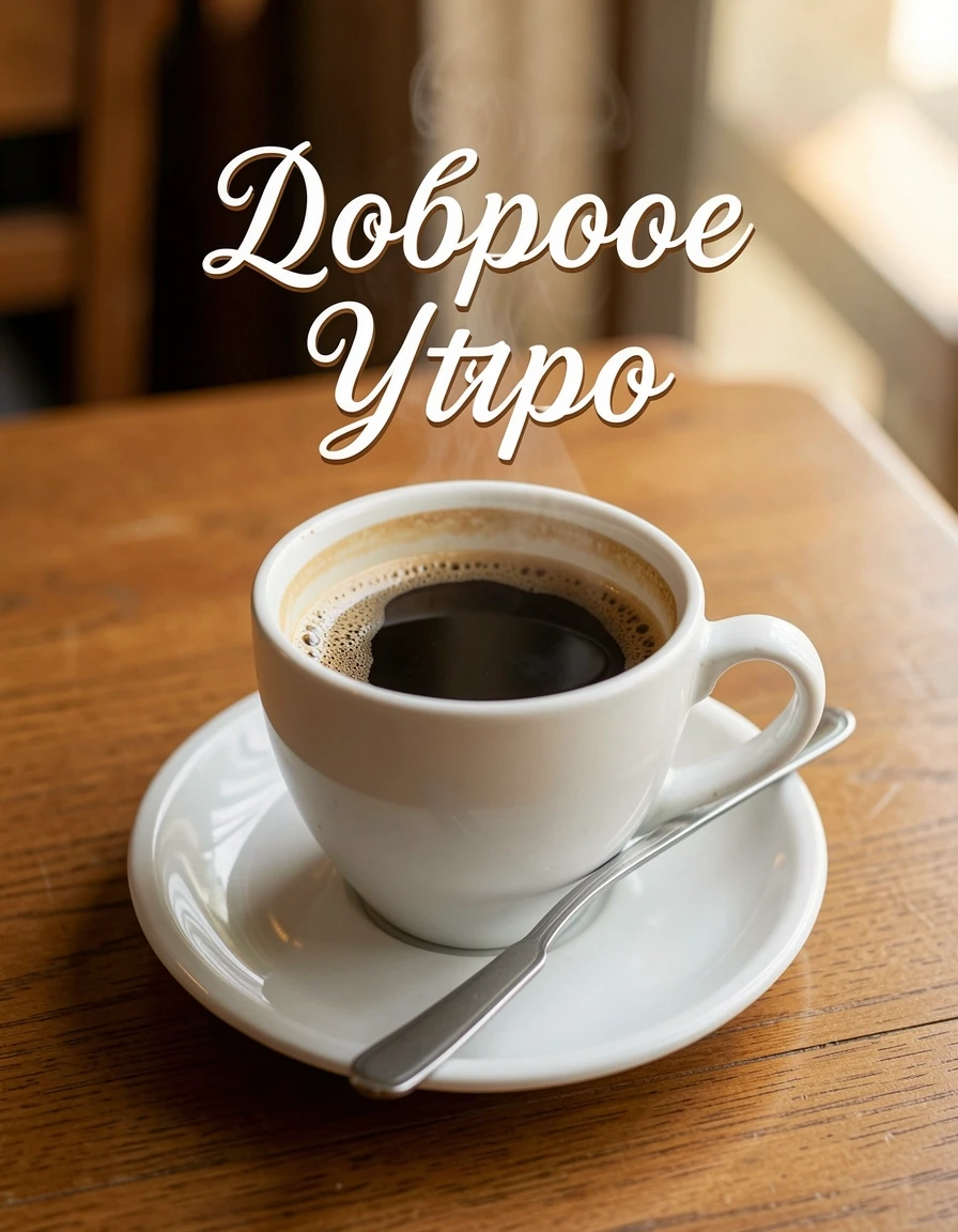 чашка кофе на столе. Вверху надпись "Доброе Утро" — работа пользователя sva1945