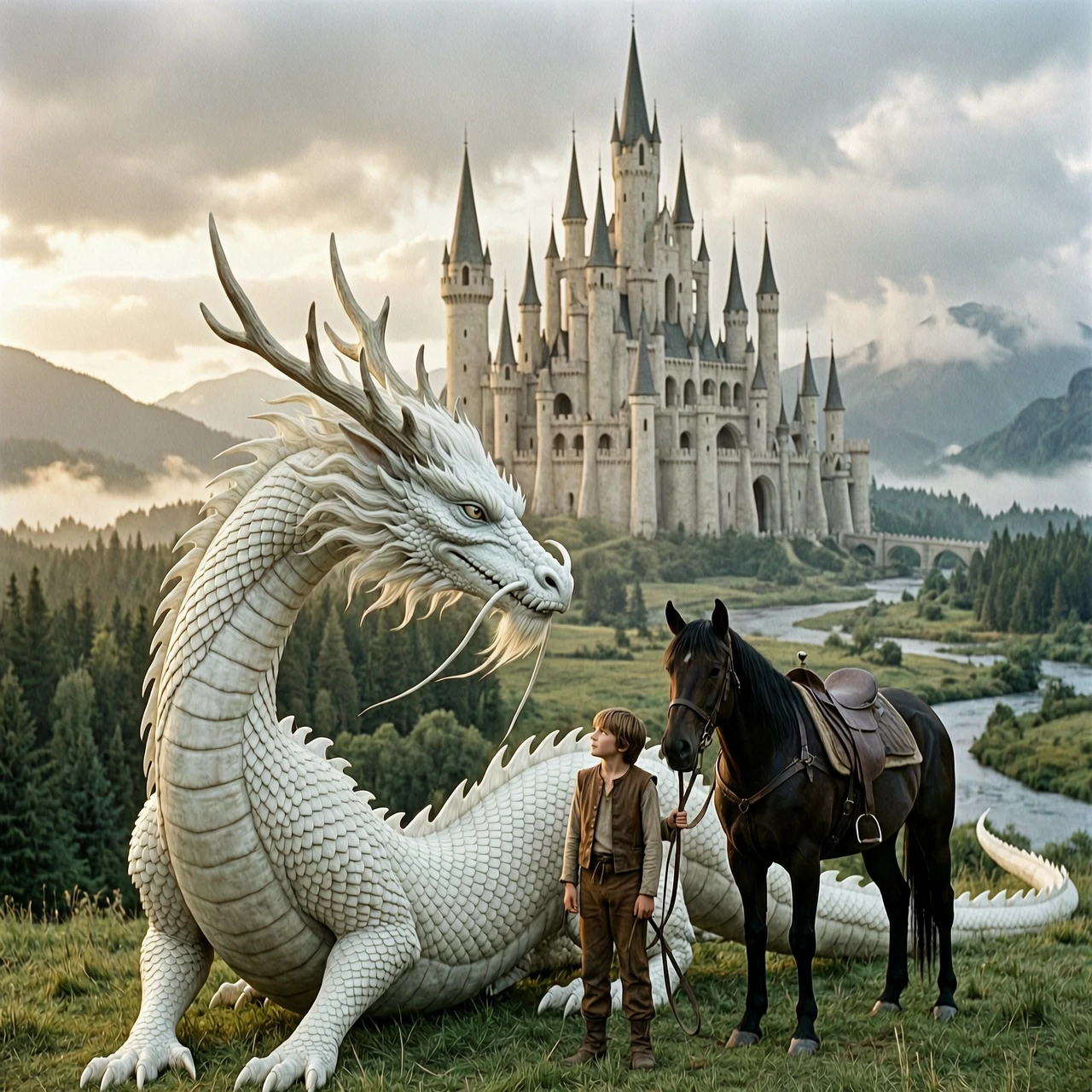 A highly realistic cinematic scene from a classic old-school fantasy film, with the visual atmosphere of 1980s–1990s epic fantasy cinema. A gigantic ancient white dragon stands…