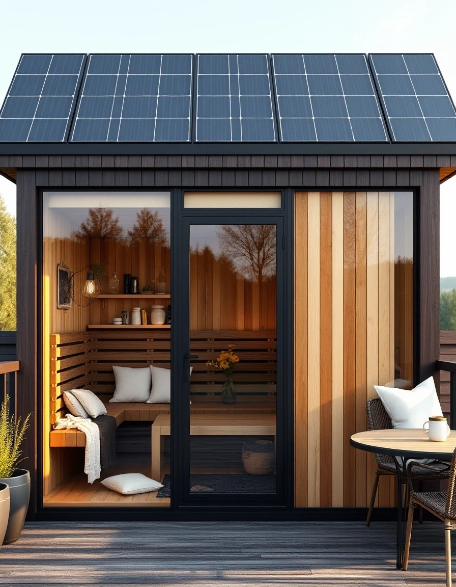 Vertical architectural shot, modern high-tech frame banya sauna, large panoramic mirror glass facade, dark wood planks cladding, solar panels on roof, cozy outdoor terrace. —…
