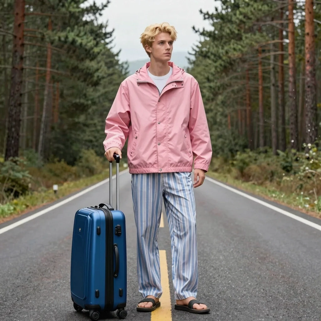 A mystical illustration of a handsome young man in his 20s with blond hair and eyes standing on a highway in the middle of a pine forest. He's wearing striped pajama pants…