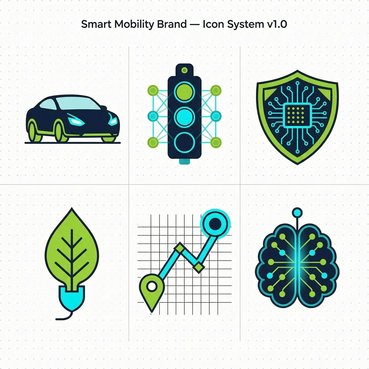 A set of 6 minimalist flat vector icons for a smart transportation brand. Themes: self-driving car, traffic light with neural network, shield with circuit (security), leaf with…