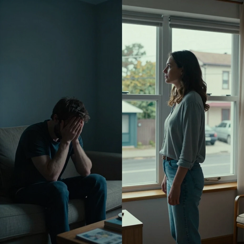 Frame from a dramatic film, realistic photo, split screen. The frame is clearly divided by a vertical line in the middle into two completely different apartments. Left half: a…