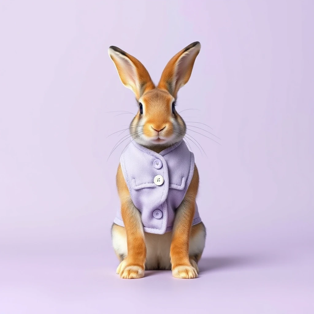 Draw a symmetrical frontal frame in the style of Wes Anderson for the A6 format. In the center is a full—length rabbit, sitting quietly, wearing a light lavender—colored vest…