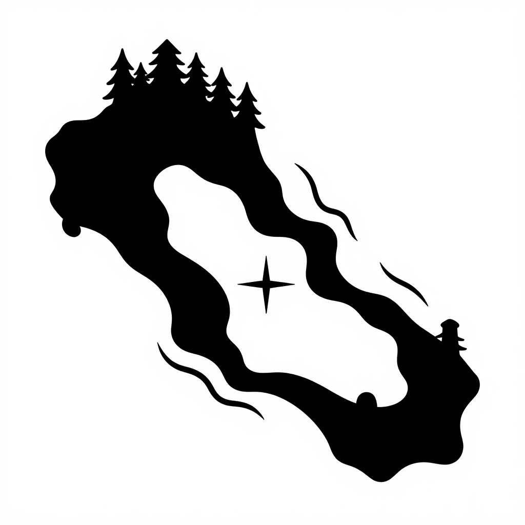 Flat top-down nautical map vector design, black and white stencil art of a dark fantasy island, Tainted Grail style. Clear overhead view of an isolated mysterious island…