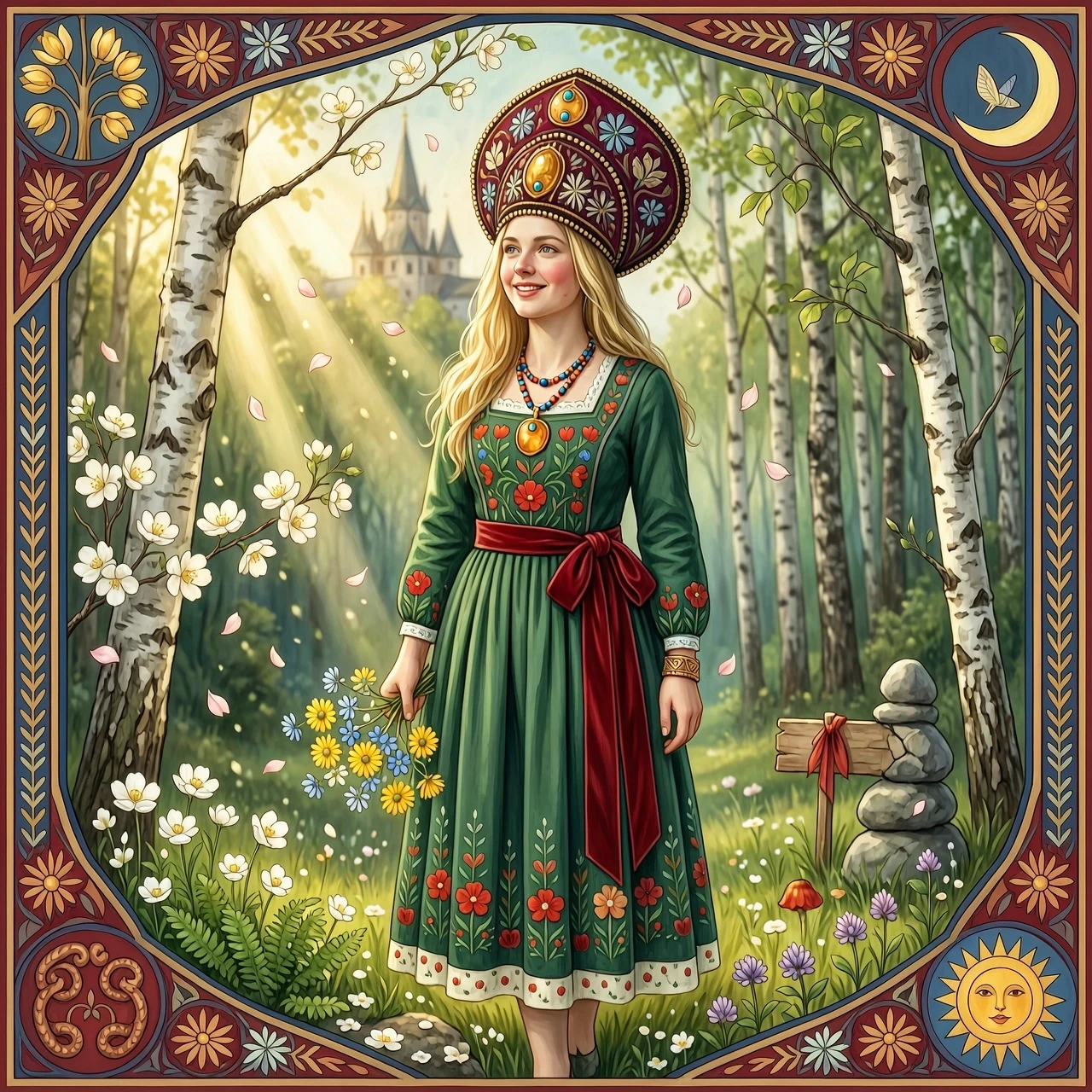 Russian Russians: A detailed portrait of a young woman of Slavic appearance from the 16th century in a traditional long Russian sundress and a traditional Russian cocoanut…