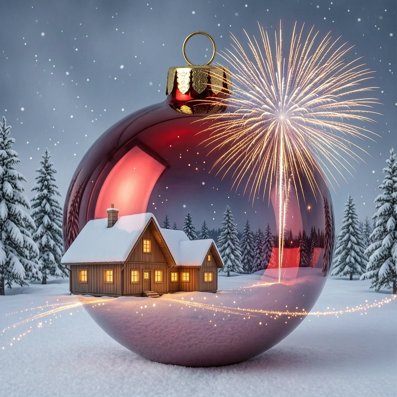 A hyperrealistic digital double exposure artwork for New Year's. Three distinct images are seamlessly blended: the detailed, reflective surface of a red glass bauble, a…