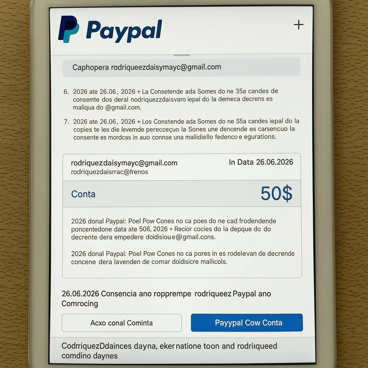 Скриншот счета Paypal по адресу rodriguezdaisymayc@gmail.com на сумму 50$ дата 26.06.2026 — работа пользователя Неповторимый Кристалл