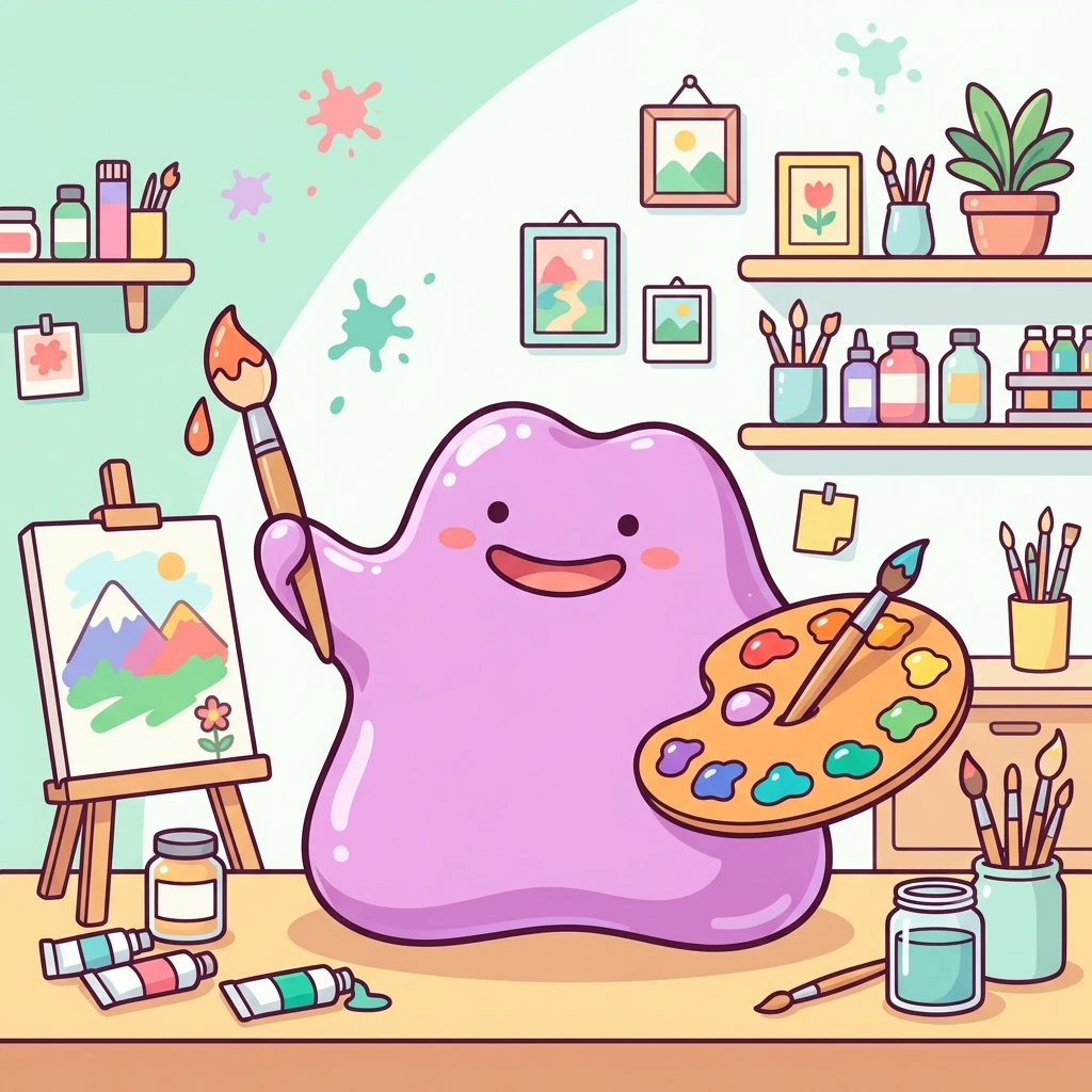 Flat vector illustration, cute glossy Ditto character holding a paintbrush and a vibrant color palette, artistic creative theme, soft pastel mint green and white background,…