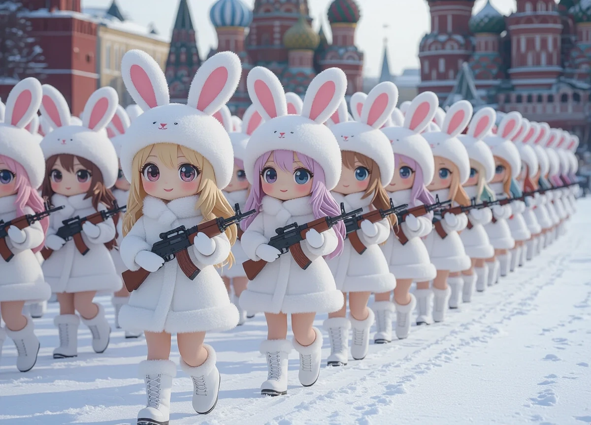 Cute kawaii chibi-style anthropomorphic bunny girls marching in dense multiple parallel rows on snowy Red Square in Moscow. Many ranks of adorable chibi rabbit girls with big…