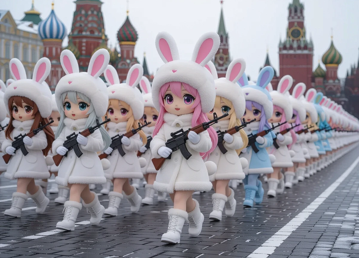 Cute kawaii chibi-style anthropomorphic bunny girls marching in dense multiple parallel rows on snowy Red Square in Moscow. Many ranks of adorable chibi rabbit girls with big…