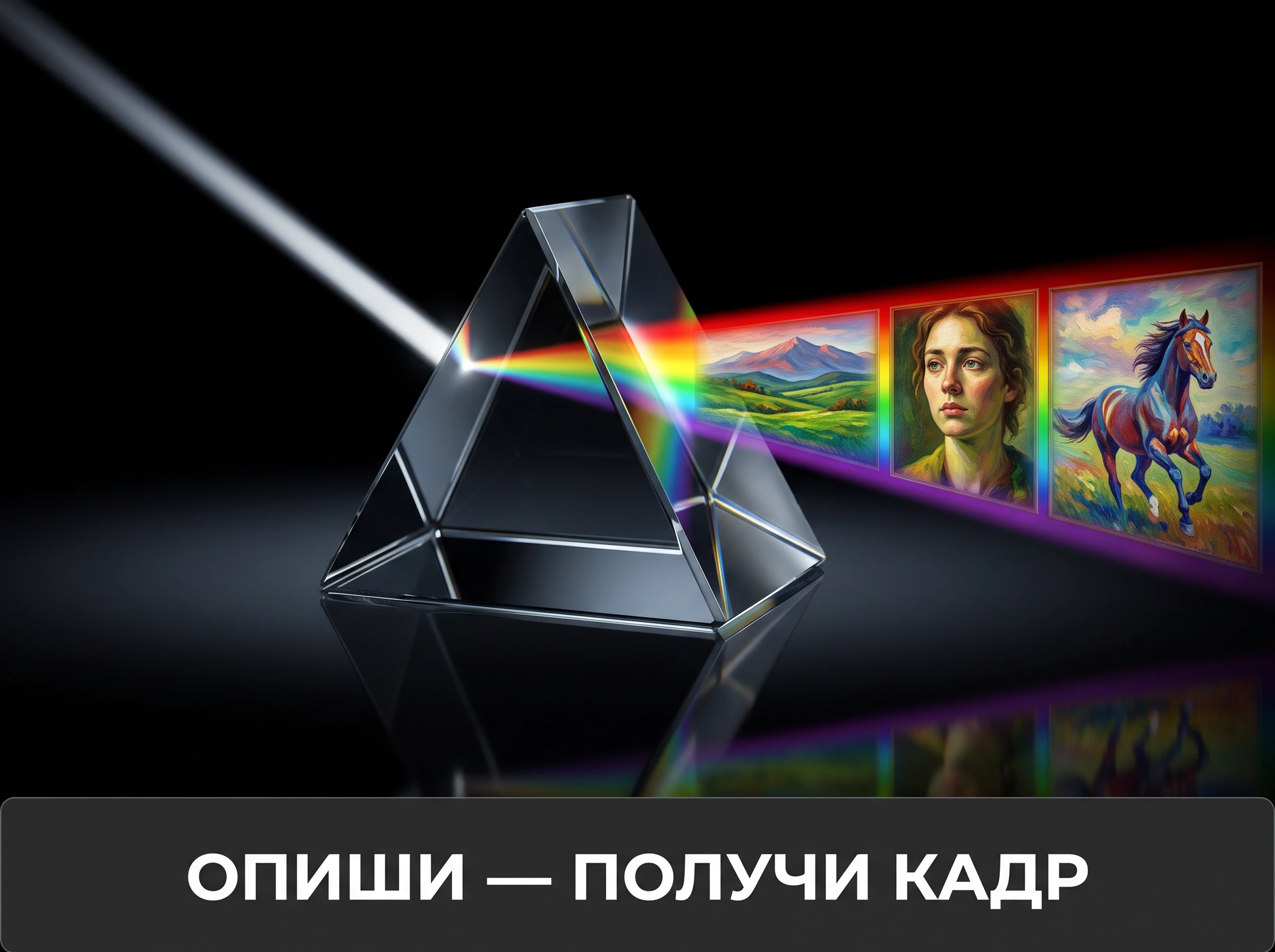 A dramatic photograph of a glass prism on a dark reflective surface, a single beam of white light entering one face and exiting as a rich spectrum that resolves into small vivid…