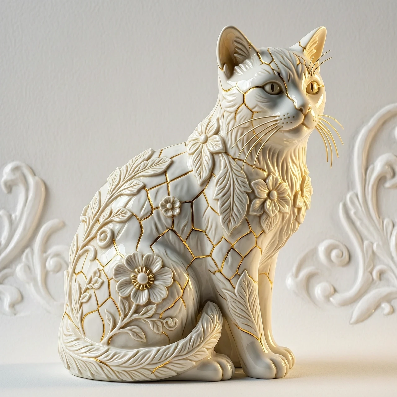 Digital image in Baroque and rocaille style with elements of kintsugi technique. Close-up. (Decorative sculpture made of white porcelain: 1.5). Golden cracks. Volume. The…