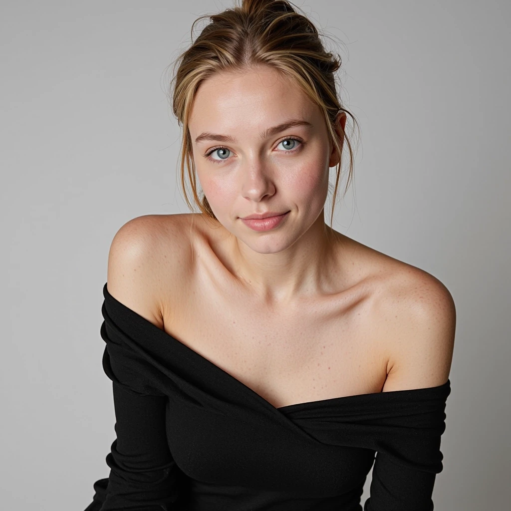 Молодая женщина (примерно 25–28 лет), стройная, светлая кожа, длинные волосы собраны на затылке, голубые/серые глаза, нейтральное уверенное выражение лица с лёгкой…