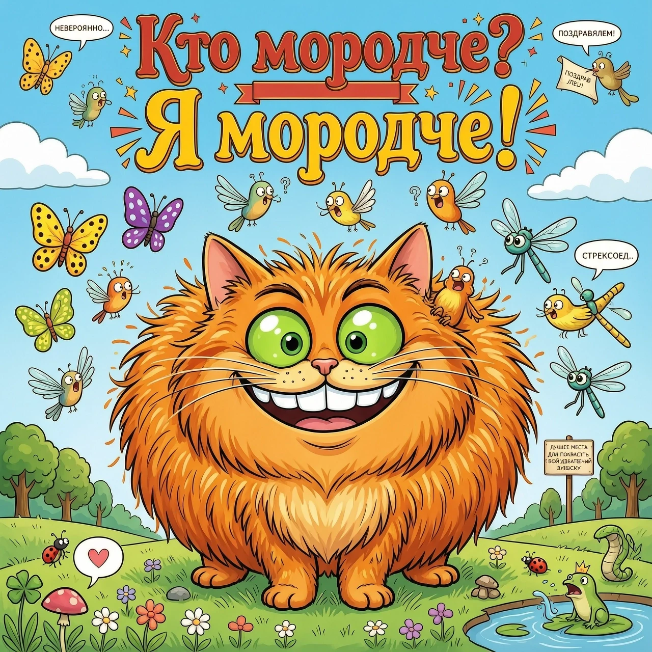 Смешной рыжий гротескный юмористический мультяшный рыжий очень пушистый толстый кот с очень большой широкой, почти от уха до уха, улыбкой и весёлыми зелеными глазами он - на…