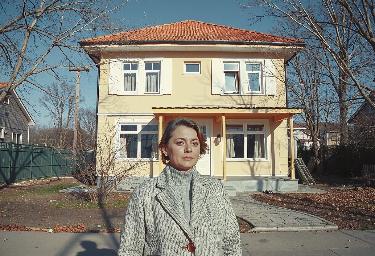 Реалистичное фото. В центре женщина с короткими светлыми волосами в темно-зеленом пуховике, смотрит в камеру. За ней находится недостроенный двухэтажный загородный дом со…