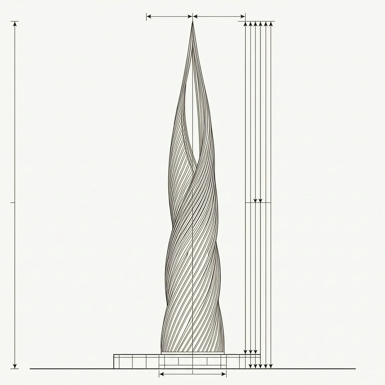 Clean architectural front elevation of a tall twisting metal flame monument, isolated on pure white background. Thin black precise lines, blueprint style, monochrome, dimension…
