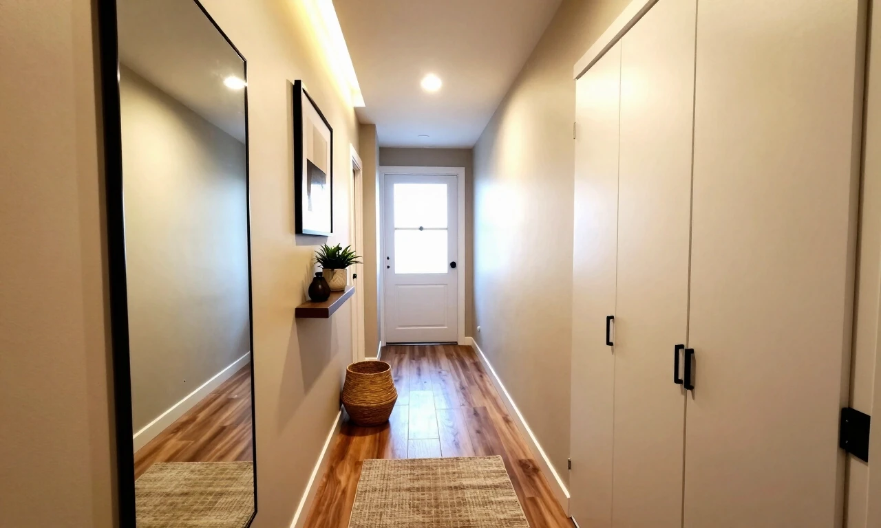 Modern entryway hallway demonstrating multiple design solutions in one space. Left side: large wall mirror reflecting light beige walls and creating visual expansion of the…