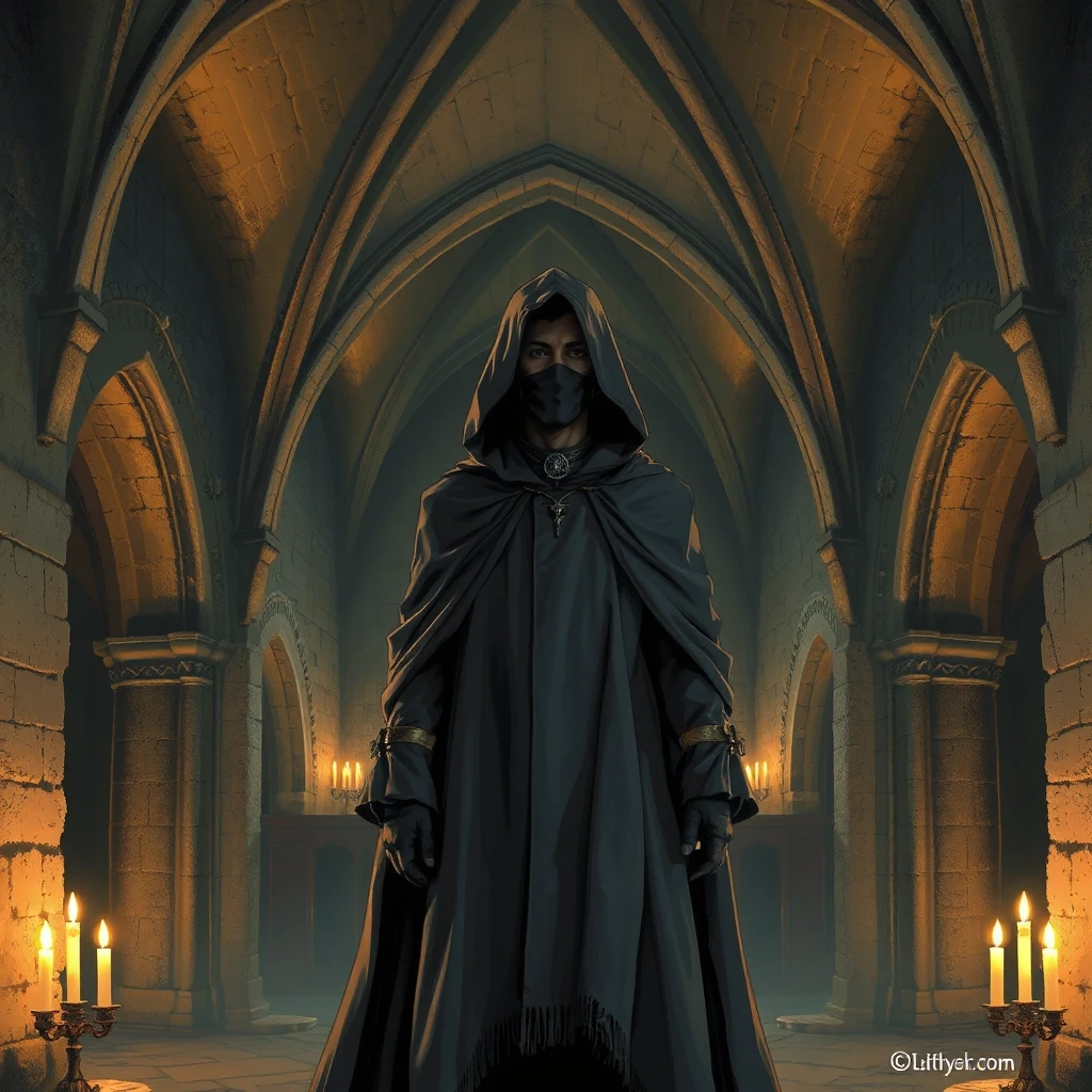Under the vaults of an ancient medieval church, in the semi-darkness, by the lit candles, stands a mysterious man in a long, ankle-length cloak, a hood thrown over his head, his…