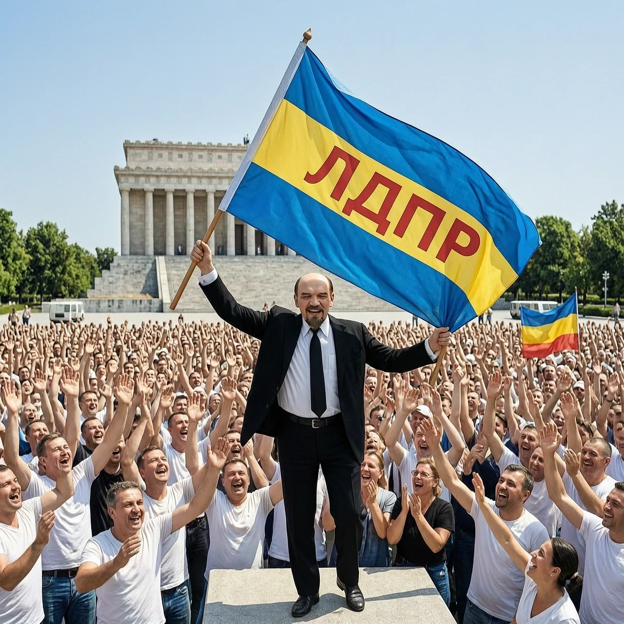 Владимир Ленин на фоне мавзолея разрывает сине-жёлтое знамя ЛДПР. Толпа ликует! Солнечно. — работа пользователя Необыкновенная Энергия
