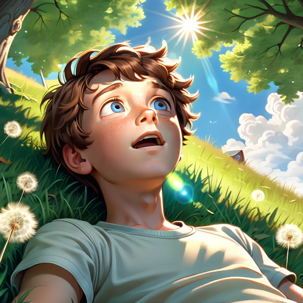 A cinematic illustration from Ray Bradbury's "Dandelion Wine": a 12-year-old boy with short brown hair, freckles and wide excited eyes lying on lush green summer…
