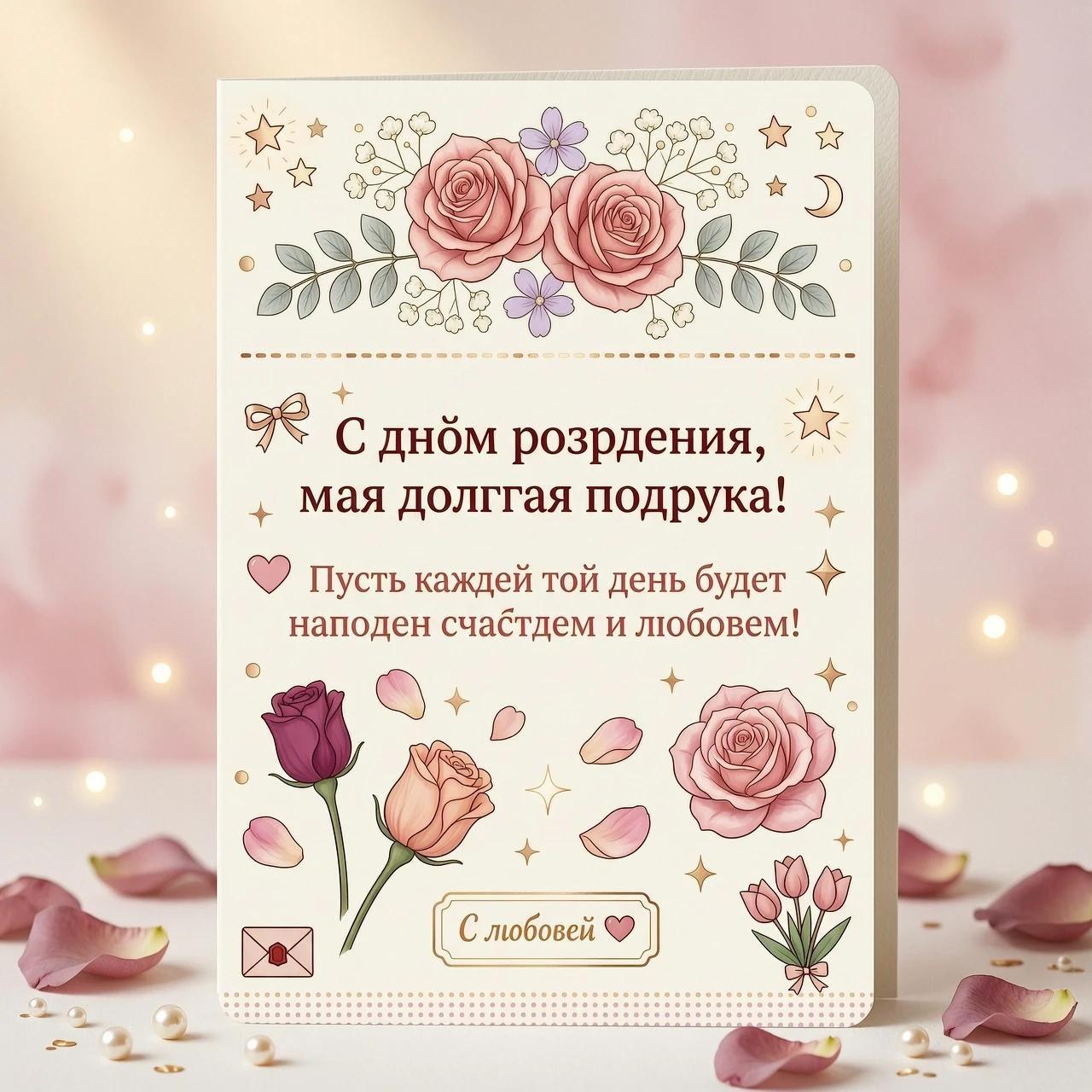 Поздравительная открытка для подруги с текстом поздравления. Текст должен умещаться в два предложения — работа пользователя Пленительная Саламандра