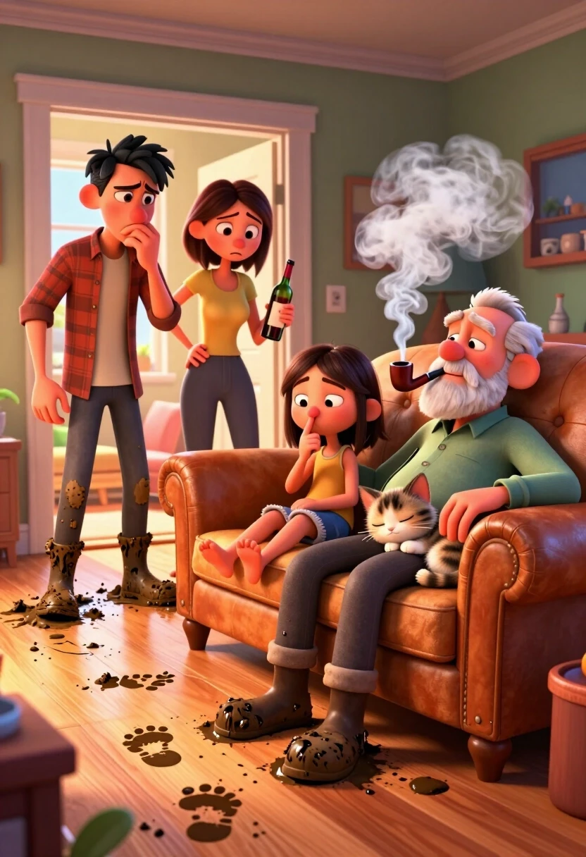 The Ultimate Family Chaos Prompt (Style: High-End 3D Animation / Pixar-DreamWorks)*A breathtaking 8k 3D stylized cinematic wide shot of a cozy living room filled with a…