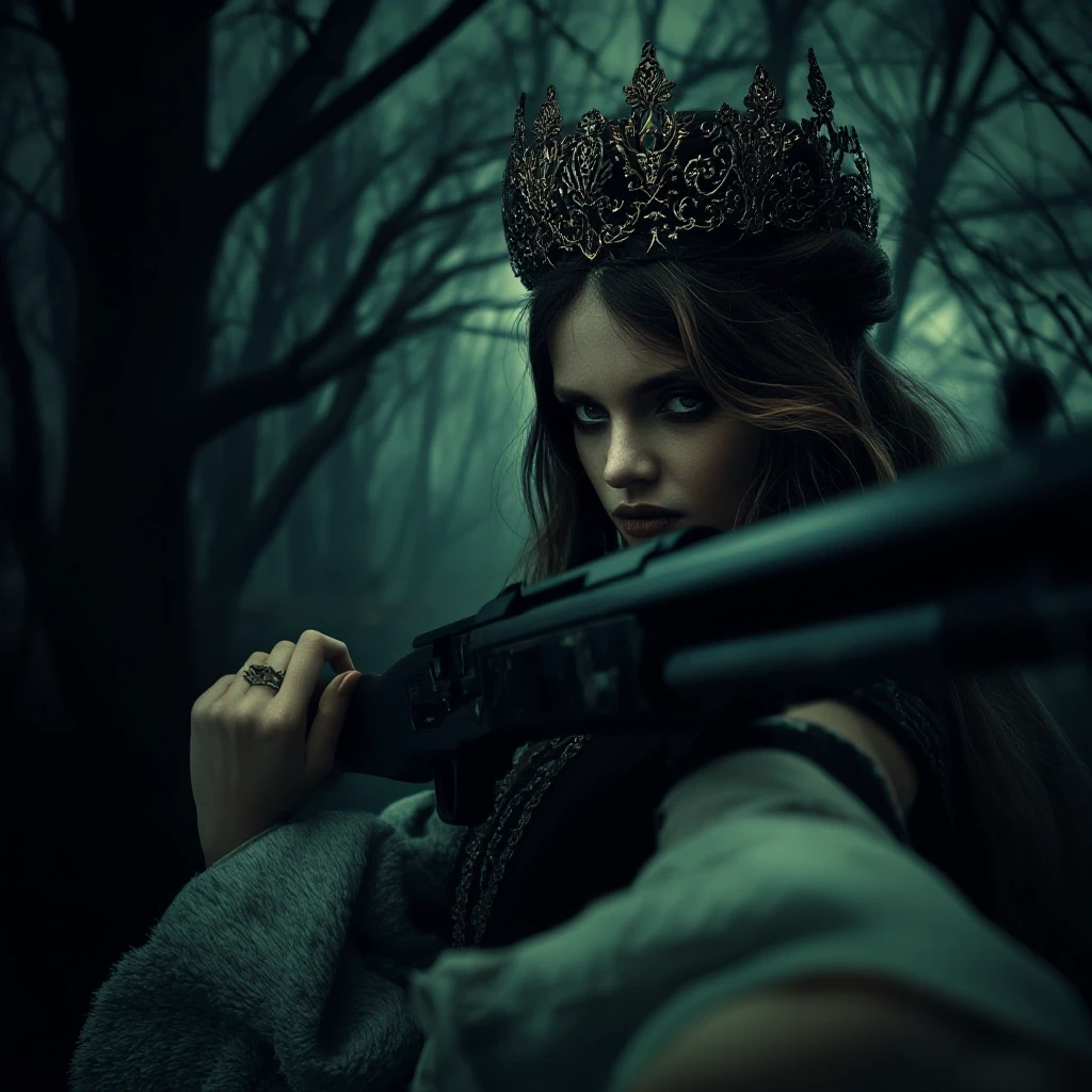 Aristocratic Irresistible Female Hunter, Panorama, Gloomcore, pov, fine artistic composition, magical atmosphere, cinematic perfect intricate stunning fine detail, background…
