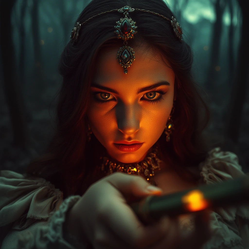 Aristocratic Irresistible Female Hunter, Panorama, Gloomcore, pov, fine artistic composition, magical atmosphere, cinematic perfect intricate stunning fine detail, background…