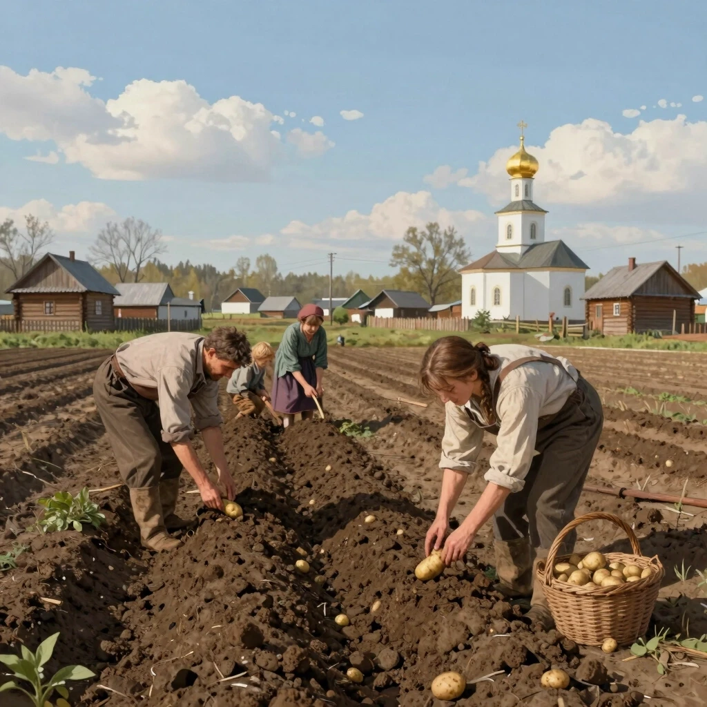 A hopeful, hardworking scene in a field. A peasant family — a man, a woman, and a child — is planting potatoes in neat rows in freshly tilled, dark soil. A basket of seed…