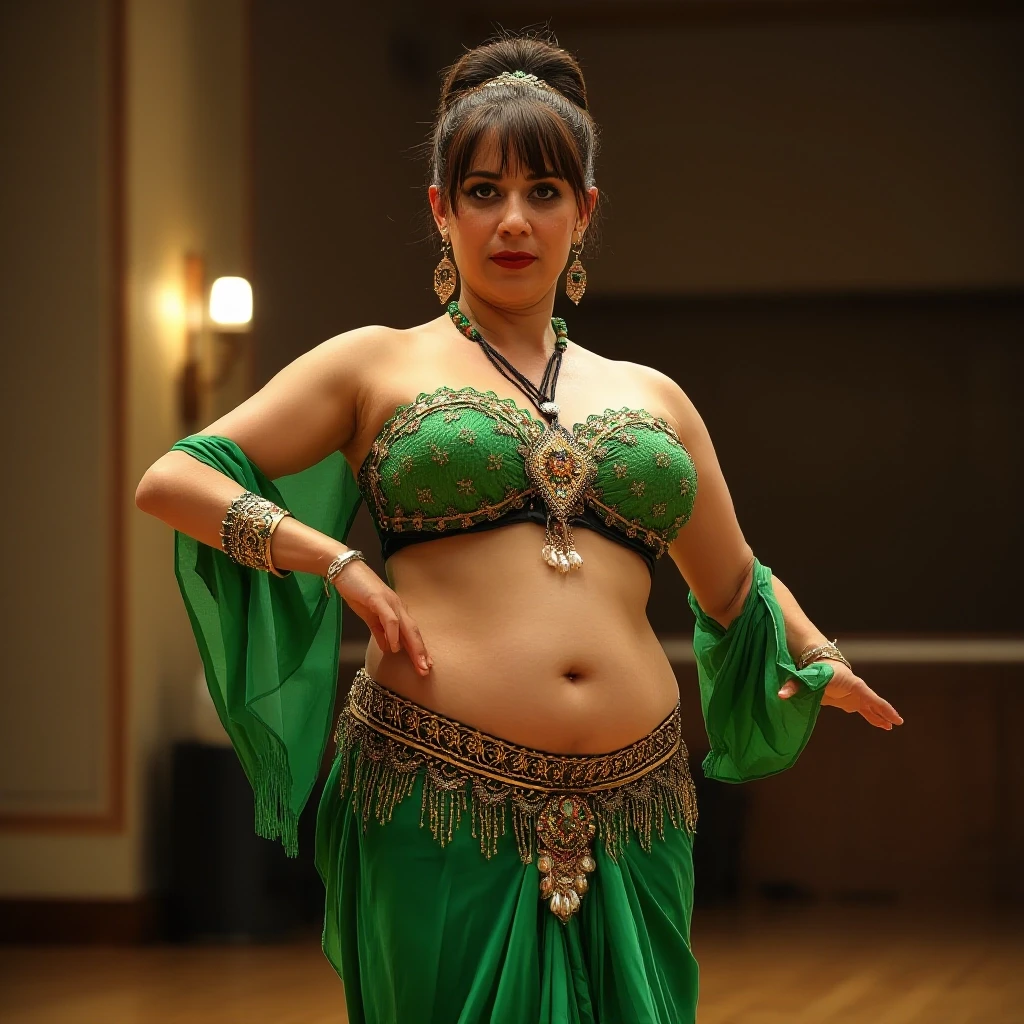 front view chubby belly dancer fifty years woman in green costume brown short ponytail hair stand in hall — работа пользователя Прекрасная Мантикора