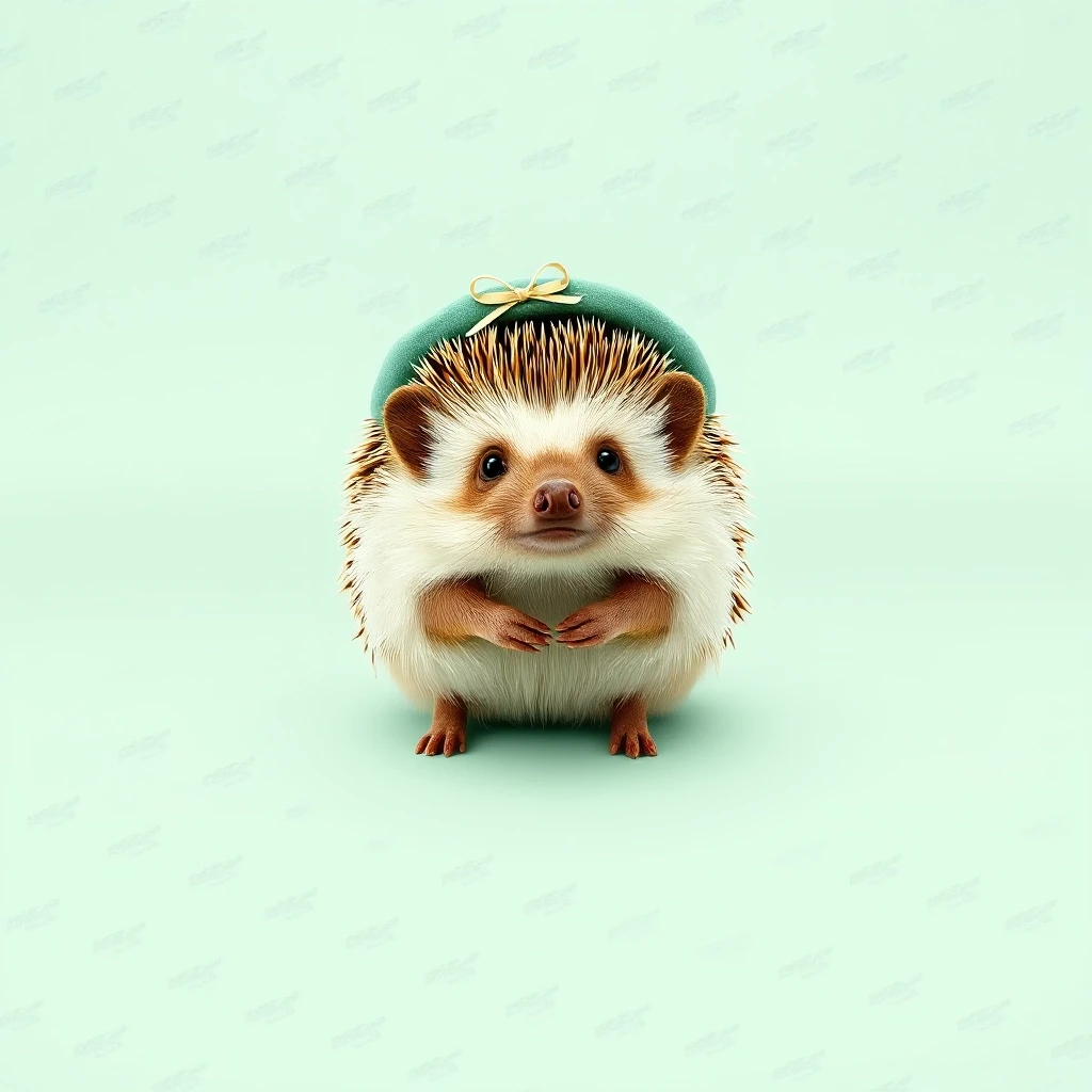 Draw a symmetrical frontal frame in the style of Wes Anderson for the A6 format. In the center is a full—length hedgehog, he stands in a calm pose, on his head is a miniature…