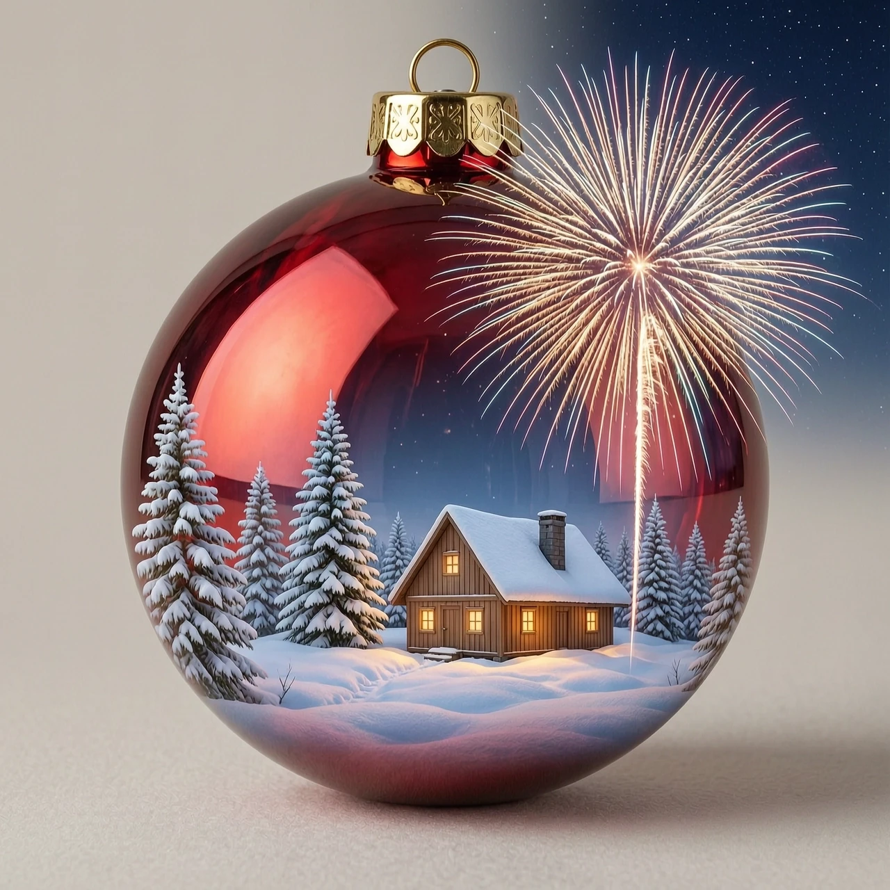 A hyperrealistic digital double exposure artwork for New Year's. Three distinct images are seamlessly blended: the detailed, reflective surface of a red glass bauble, a…