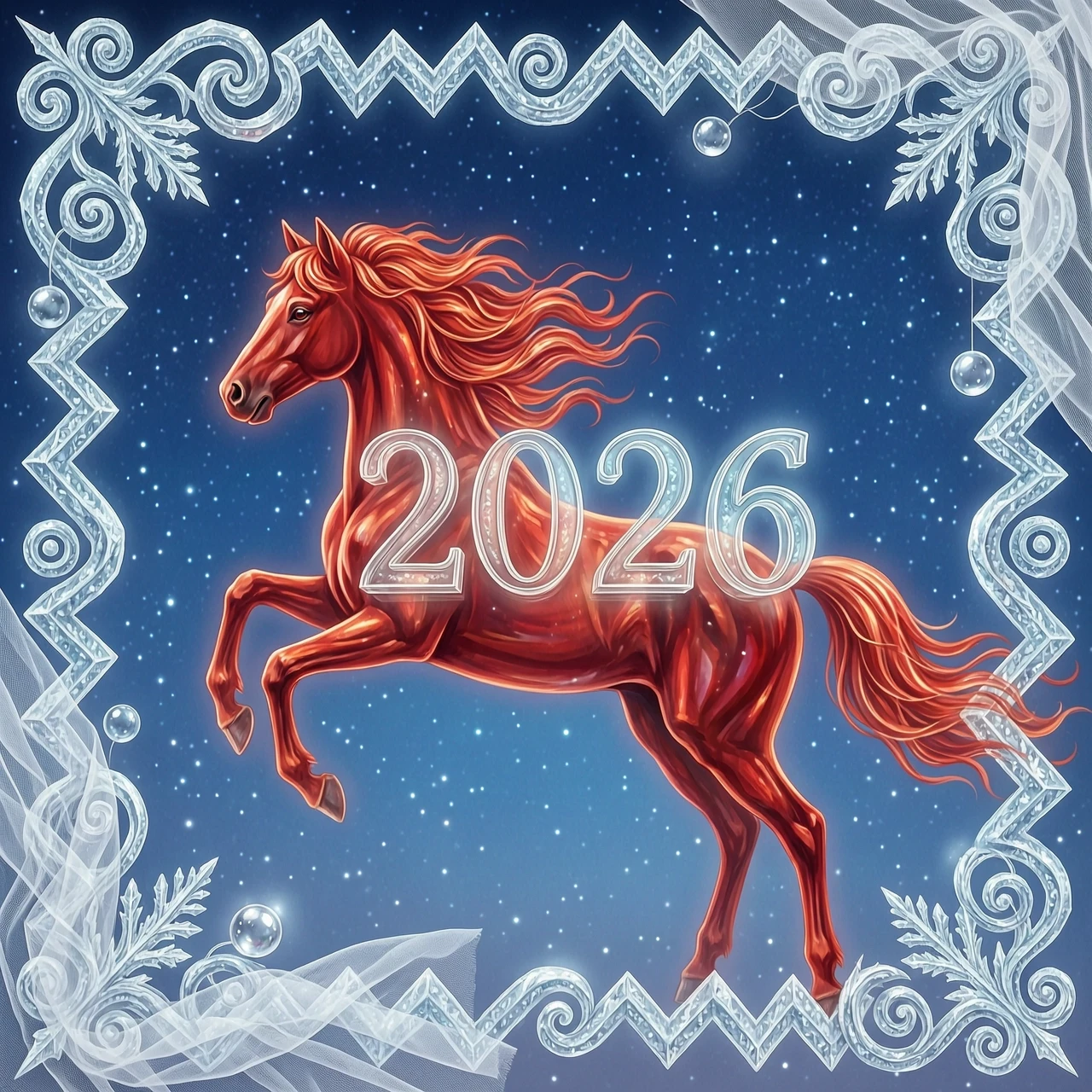 In the double exposure style. An ephemeral mythical creature in the form of a beautiful scarlet fiery horse with a long wavy mane collects the word "2026" from glass…