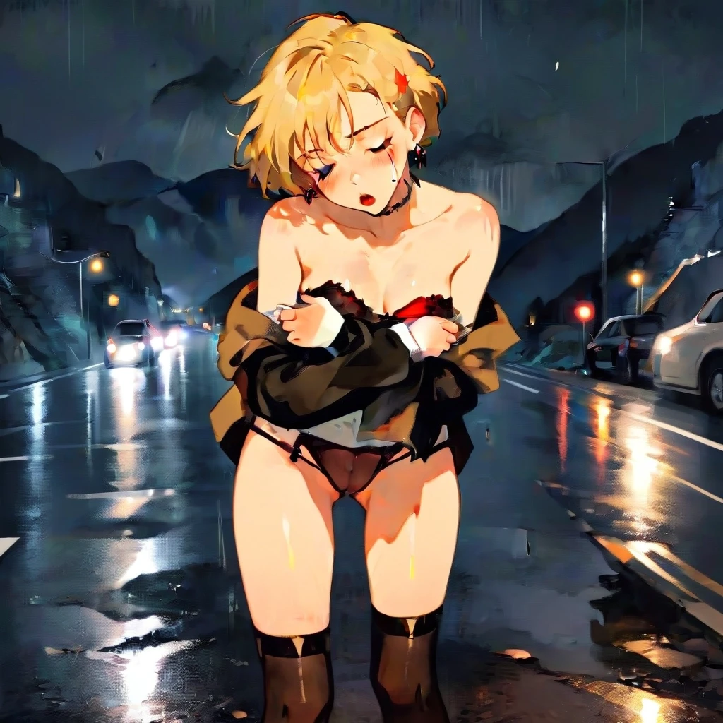 drawing by Diego Dyer, photography, drawing by Egon Schiele, 4K, A young girl with a bunch of blond hair, very beautiful, standing on a mountain road stops a car, short hair,…