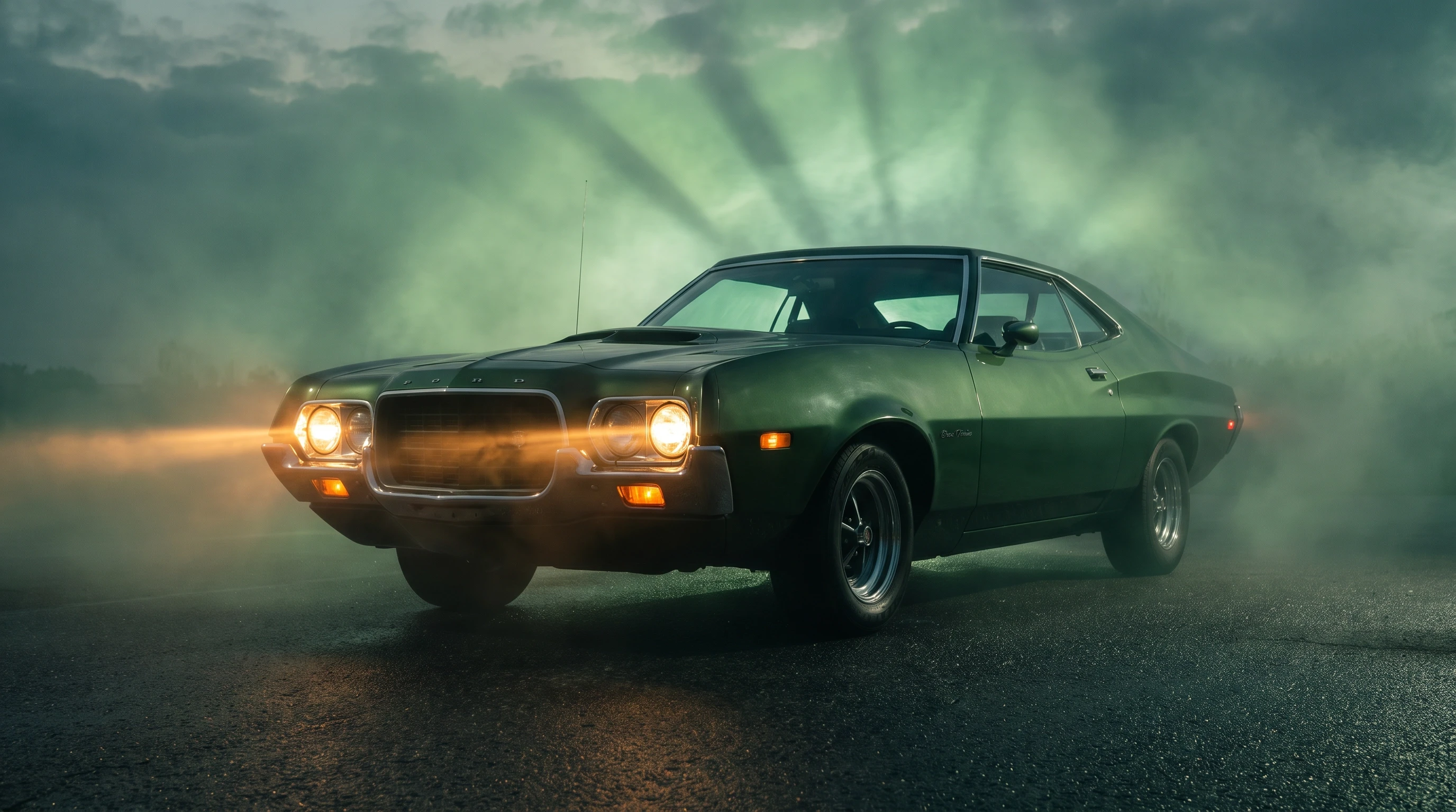 Ford Gran Torino, тёмно-зеленый окрас, стоит на асфальте, эпичный ракурс, зелёные лучи, горящие фары, кинематографичная съёмка, шедевр — работа пользователя Весенний Герой