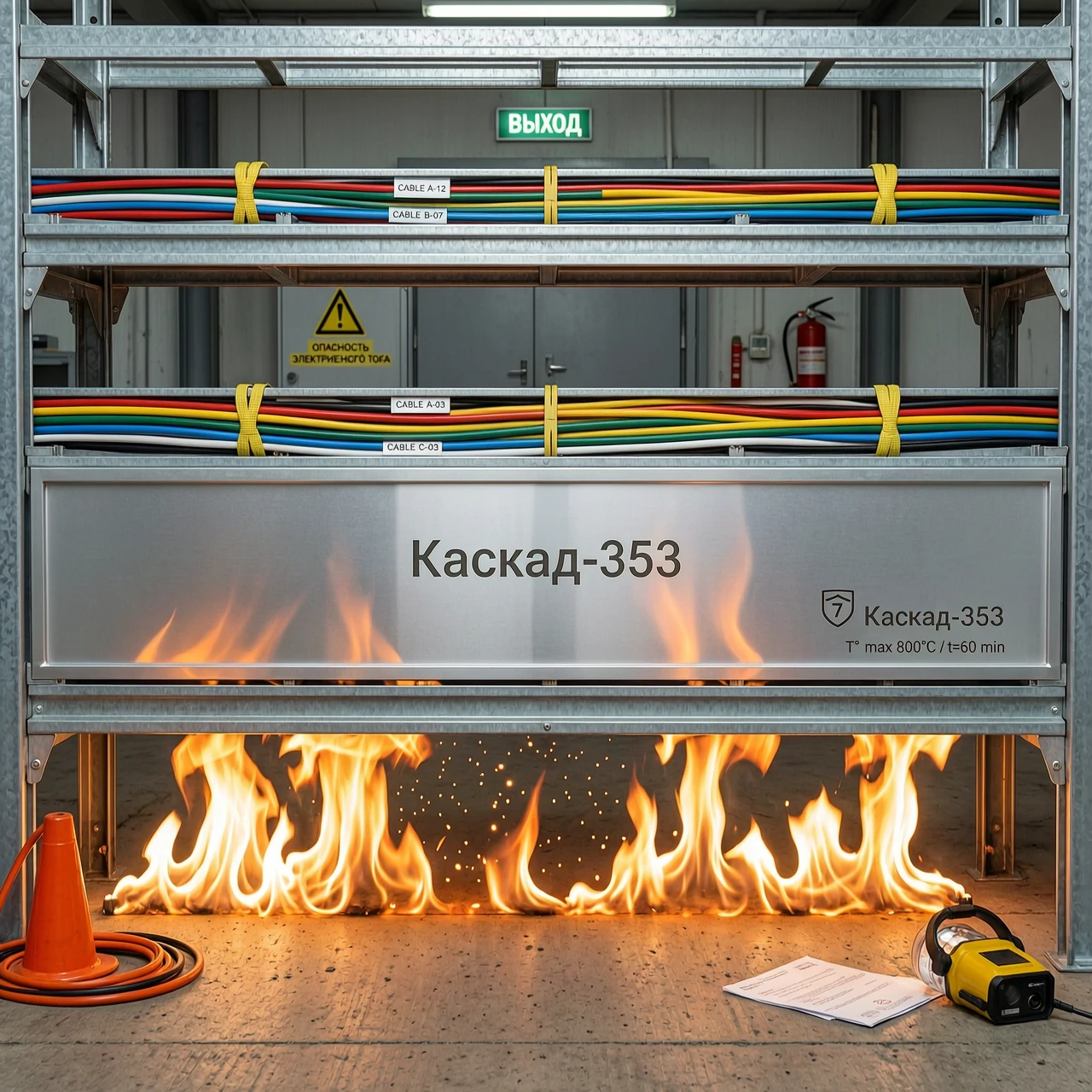 Вид на кабельную галерею сбоку. Три яруса кабельных лотков. Снизу языки пламени лижут нижний лоток. Между 1-м и 2-м ярусом установлена панель «Каскад-353», горизонтально лежит,…