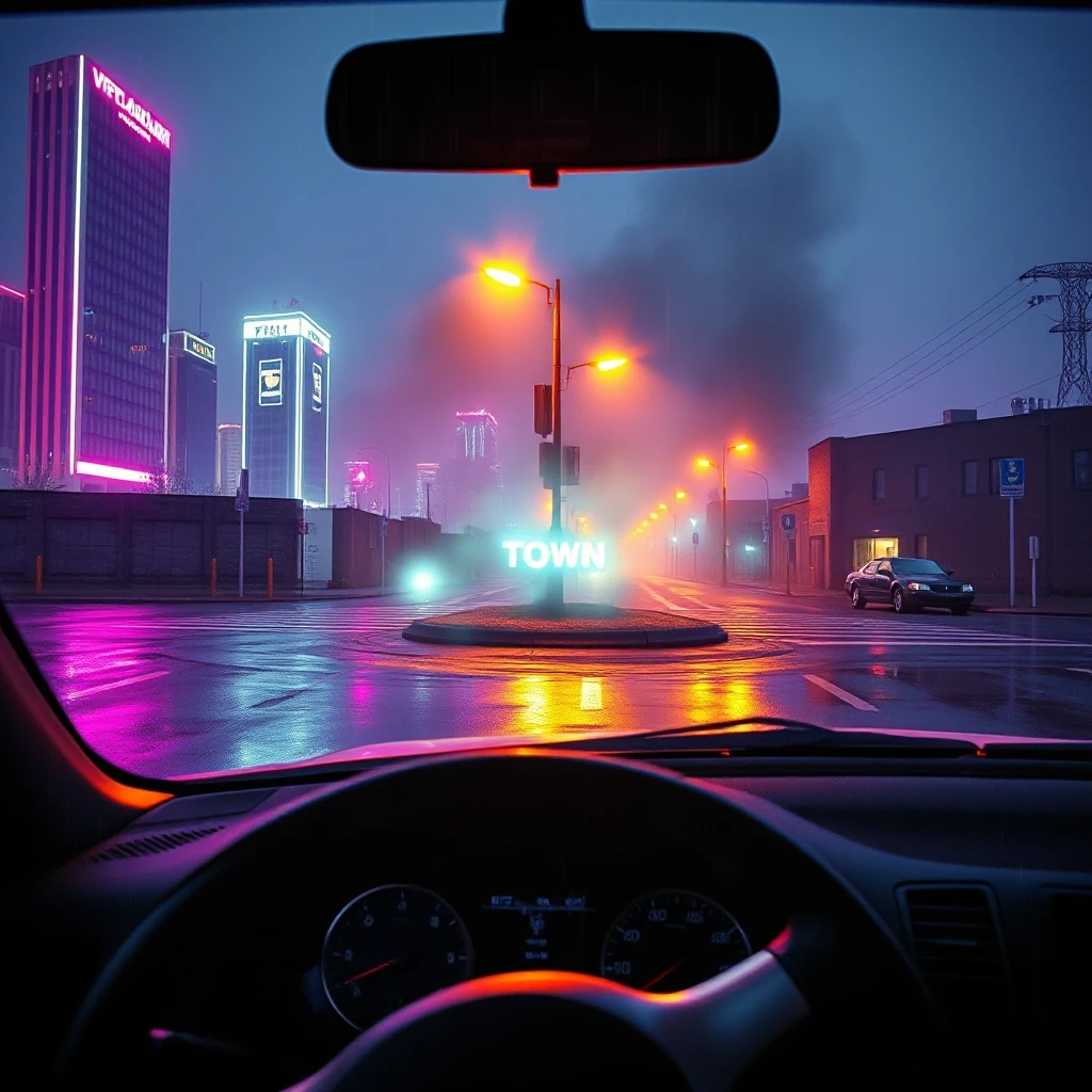 Album cover for a phonk track titled "Town", 1024x1024 pixels. Cinematic view of a menacing Eastern European or American industrial city skyline at 3 AM under heavy…