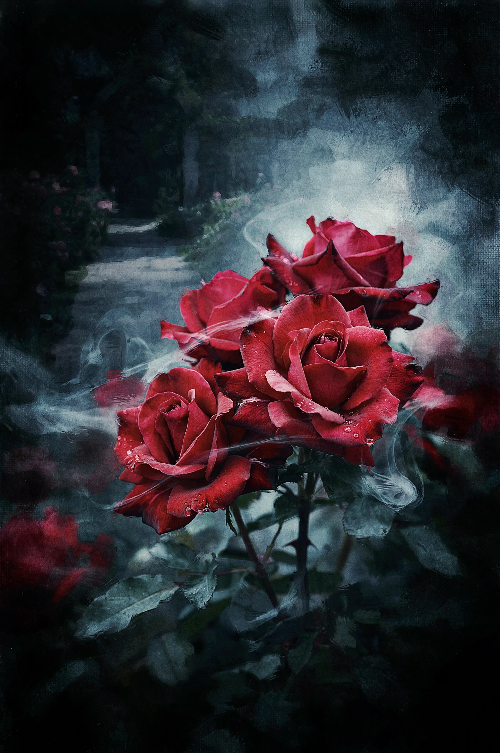 A painting of red roses, their fragile petals heavy with water droplets that glimmer like captured moonlight. The flowers emerge from shadowed stems, partially veiled by…
