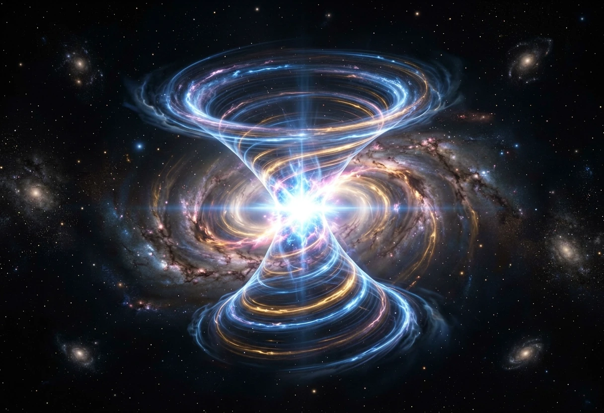 "A massive galactic quantum spiral shaped like an hourglass, consisting of two gigantic rotating energy funnels that taper and meet at the exact center. A blinding quantum…