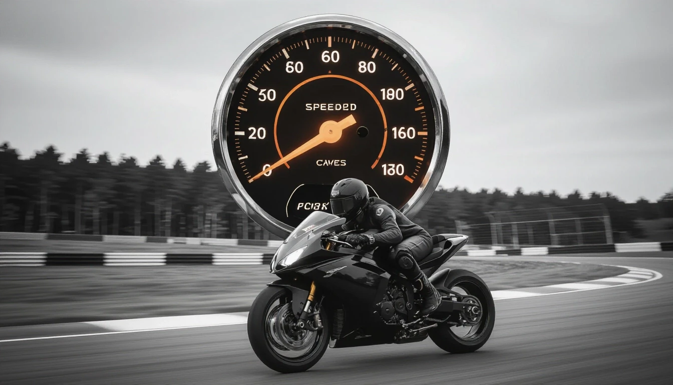 A striking black-and-white, high-speed shot of a motorcyclist on a racetrack; superimposed at the top of the frame is a large, glowing speedometer showing ascending…