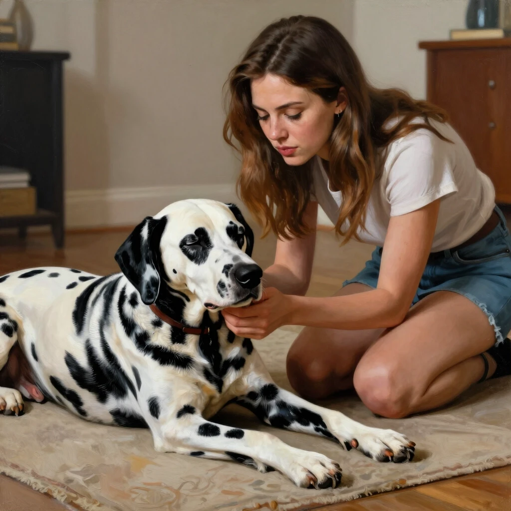 A realistic painting of a young beautiful woman saying goodbye to an old Dalmatian dog. He is lying on the floor on a rug. The dog's eyes are closed. The woman is kneeling…