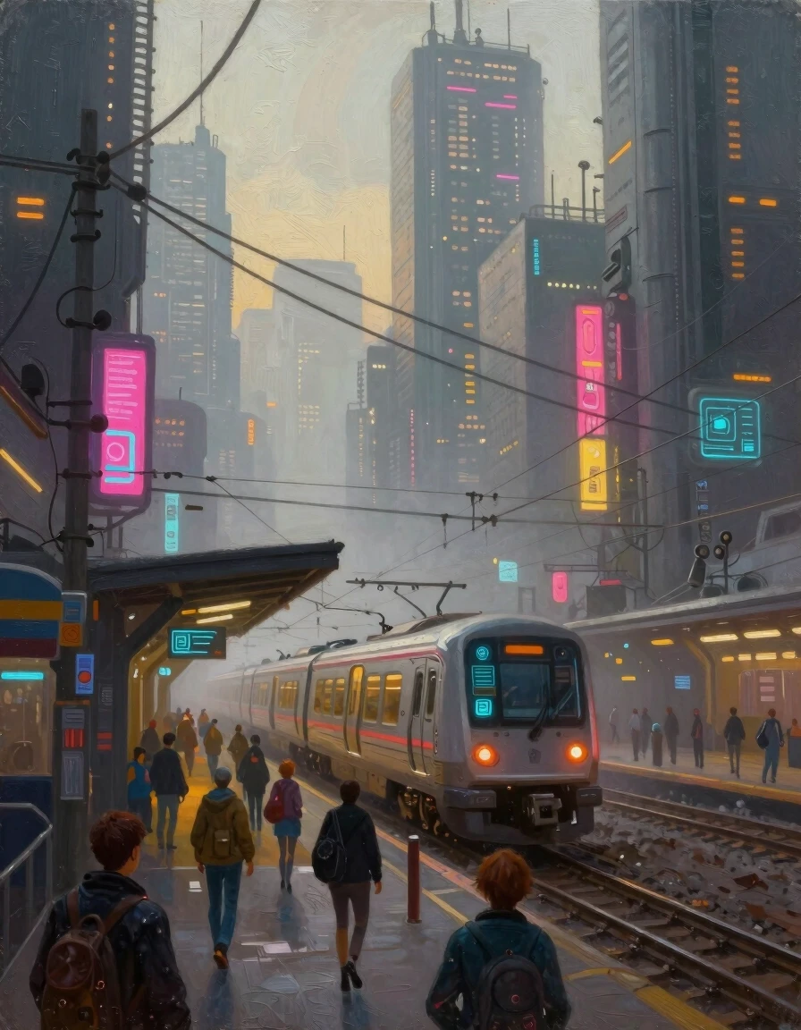 Using this image as a reference, generate an oil painting with a similar composition in a digital painting style, in 896x1152 format. A cyberpunk-style city in the morning mist,…