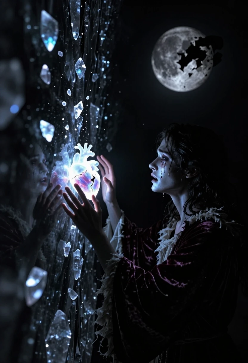 A breathtaking, cinematic masterpiece of "Sad Love" in a dark fantasy style. The scene is a vast, abyssal void where two lovers are separated by an invisible,…